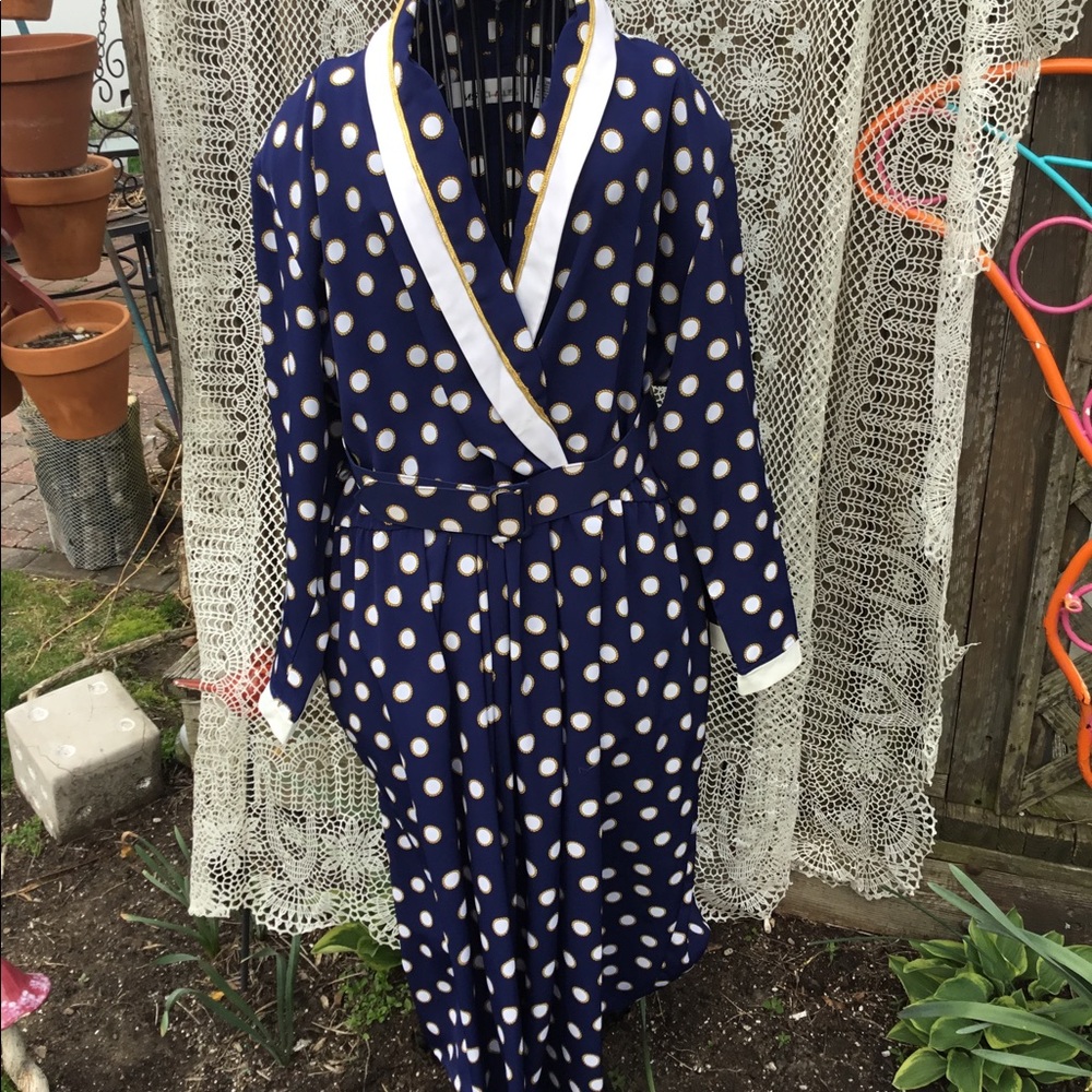 Vintage dress navy blue white polka dot belt ms claus 14 retro pinup